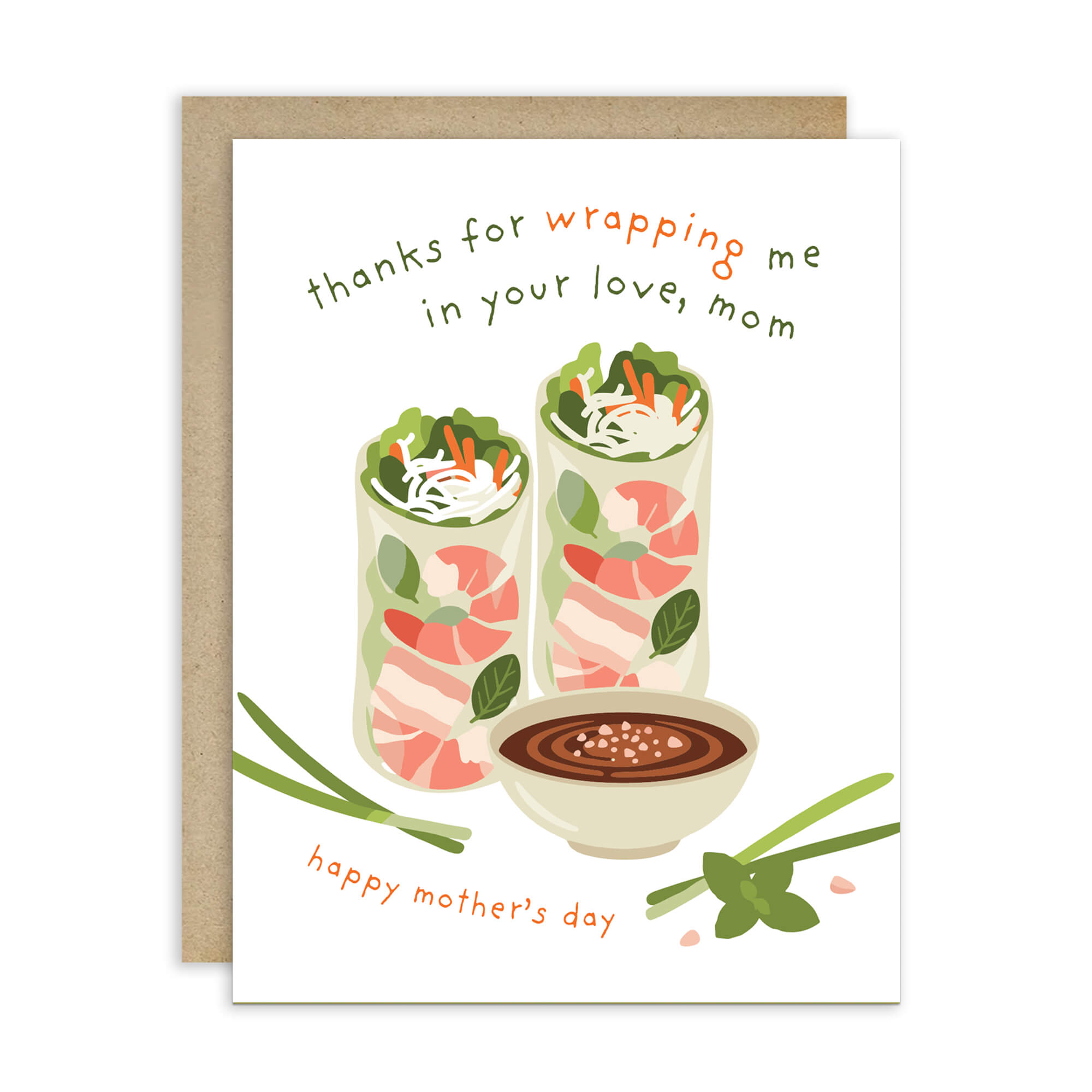 asian greeting card for happy mother's day with vietnamese summer spring rolls and funny food pun