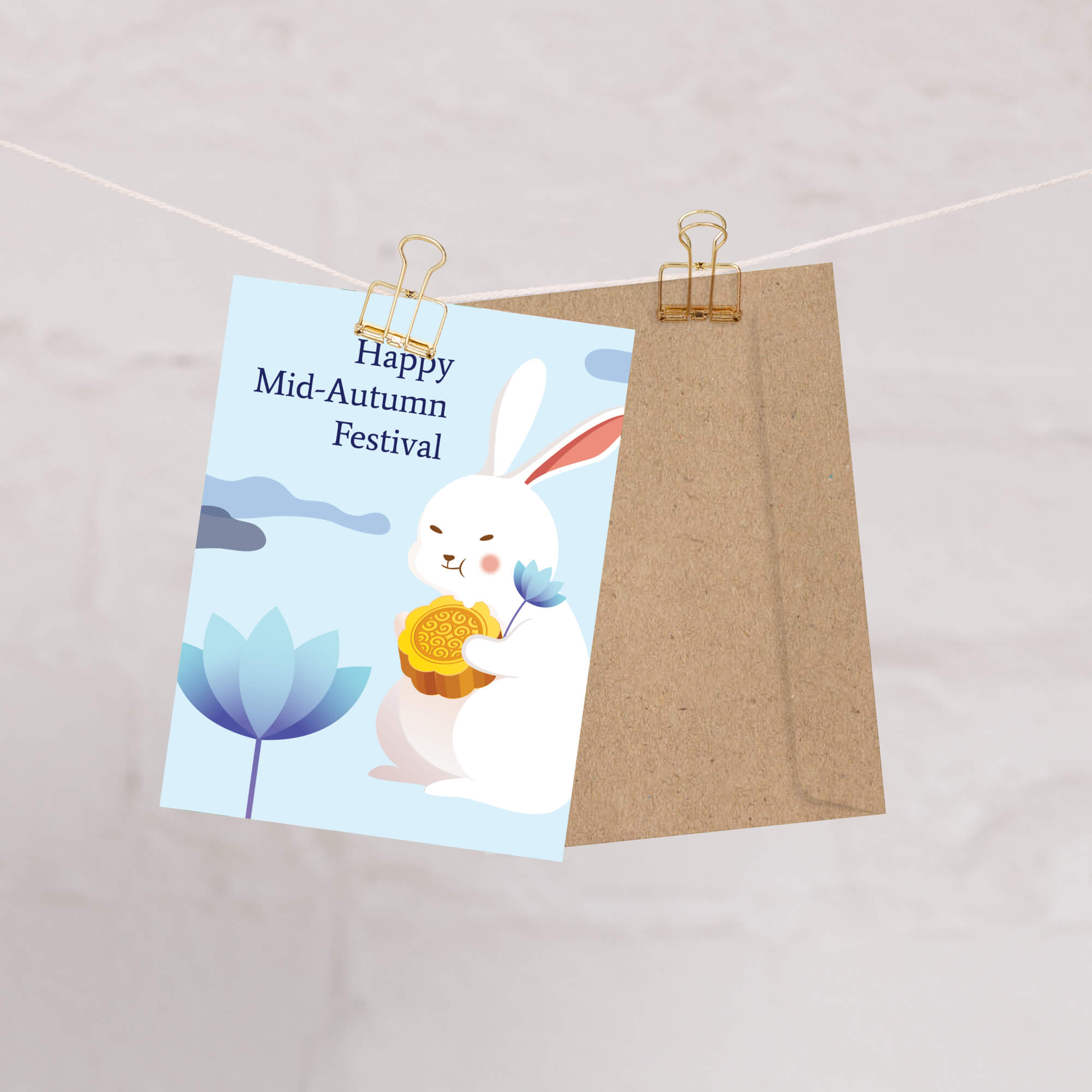 chinese asian Greeting card with a white rabbit holding a mooncake and lotus flower, text 'Happy Mid-Autumn Festival', on a light blue background.