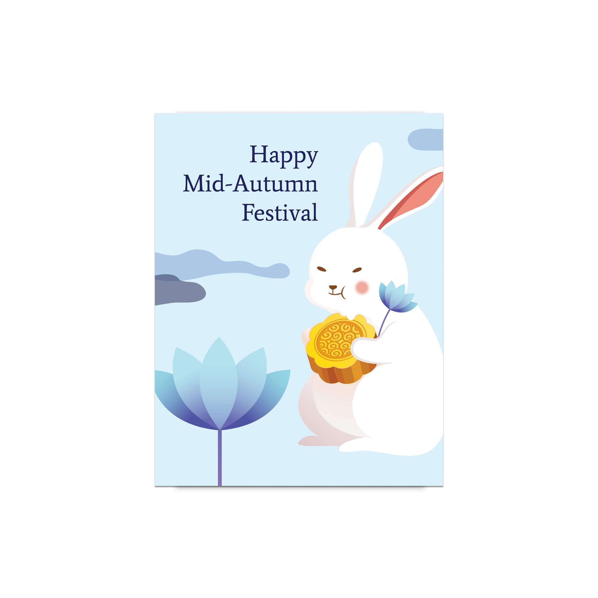 chinese asian Greeting card with a white rabbit holding a mooncake and lotus flower, text 'Happy Mid-Autumn Festival', on a light blue background.