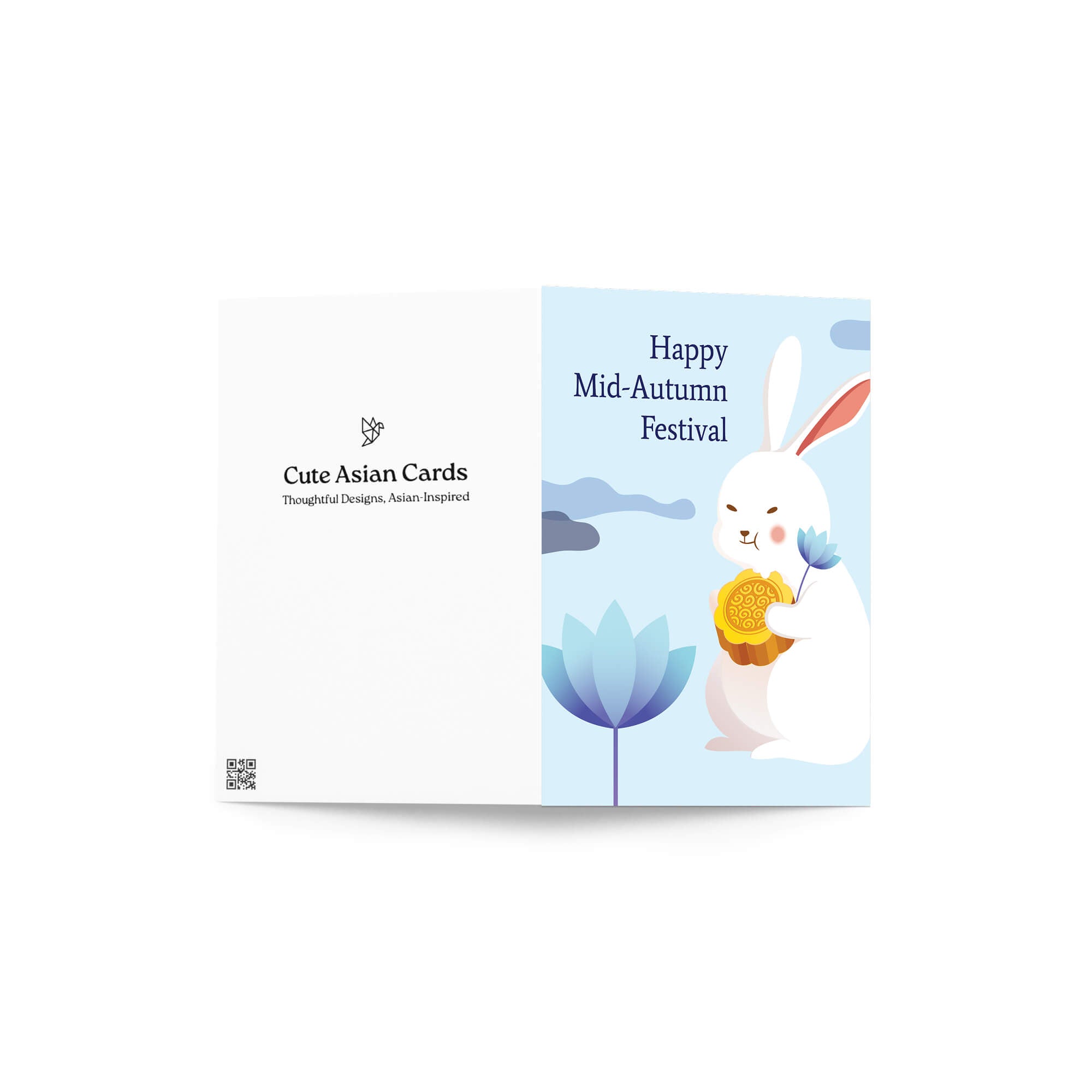 chinese asian Greeting card with a white rabbit holding a mooncake and lotus flower, text 'Happy Mid-Autumn Festival', on a light blue background.