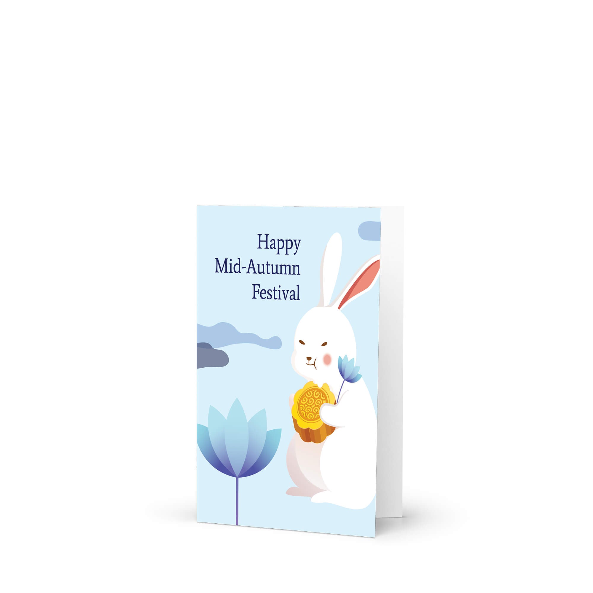 chinese asian Greeting card with a white rabbit holding a mooncake and lotus flower, text 'Happy Mid-Autumn Festival', on a light blue background.
