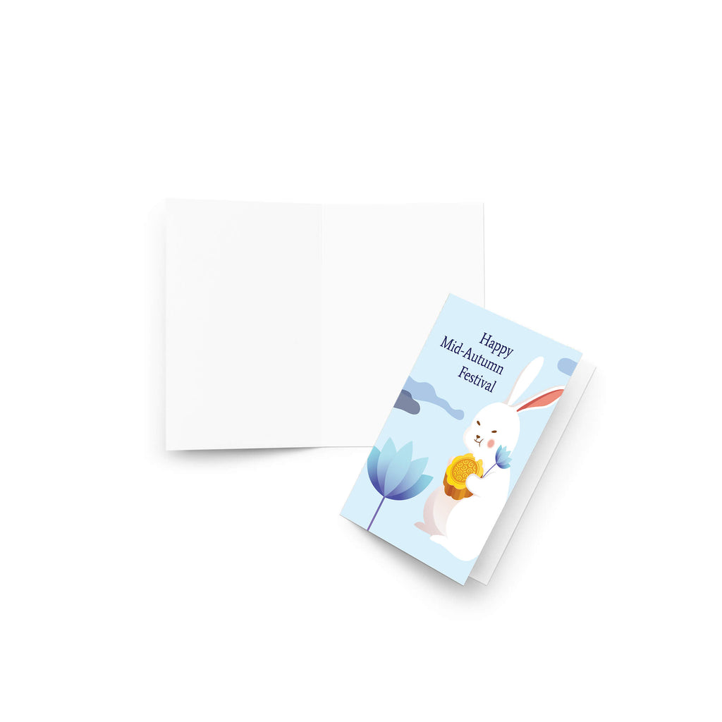 chinese asian Greeting card with a white rabbit holding a mooncake and lotus flower, text 'Happy Mid-Autumn Festival', on a light blue background.