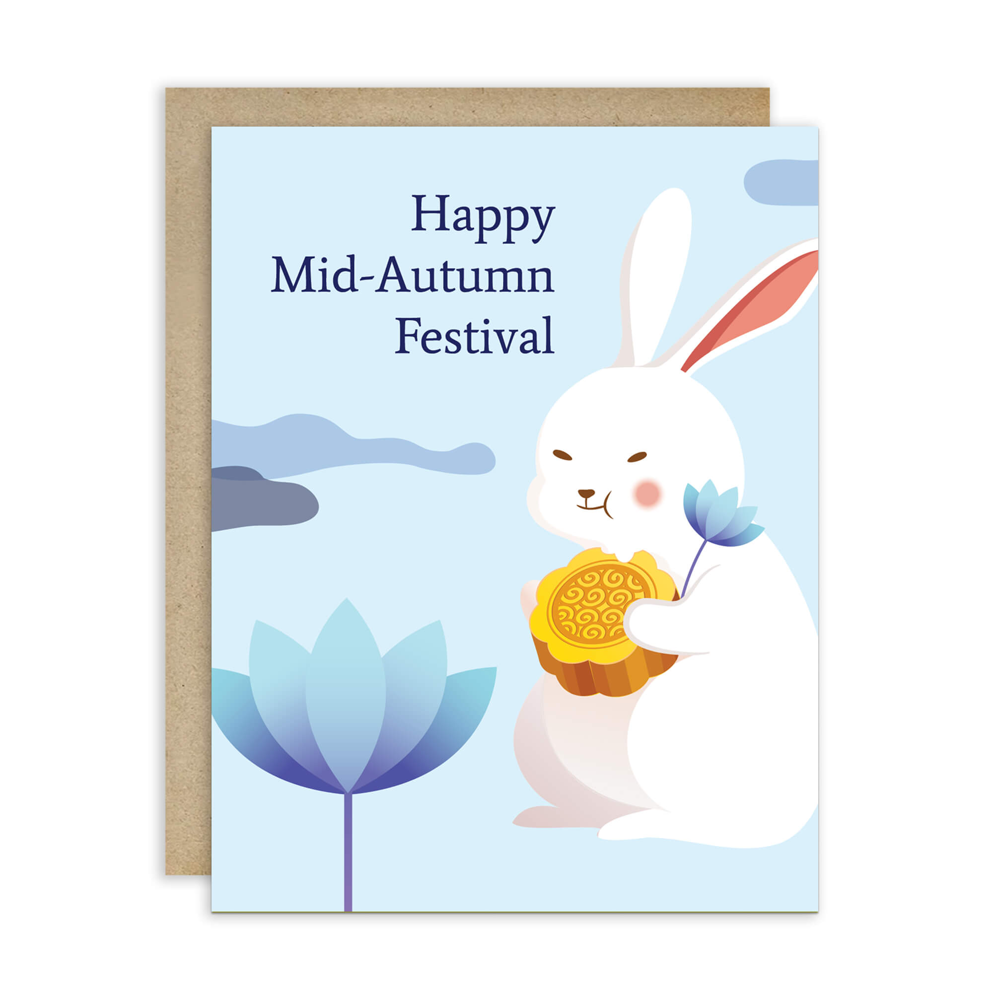 chinese asian Greeting card with a white rabbit holding a mooncake and lotus flower, text 'Happy Mid-Autumn Festival', on a light blue background.
