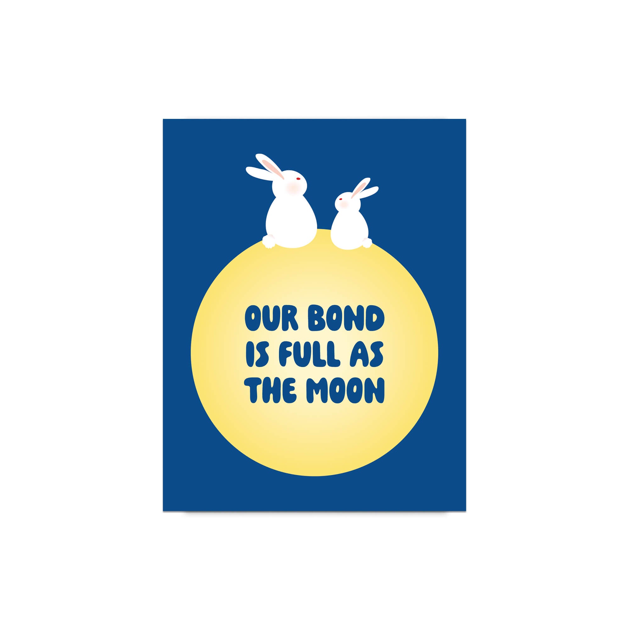 blue asian Greeting card with two rabbits on a yellow moon and 'Our bond is full as the moon' text on a blue background for mid autumn festival tsukimi or chuseok 