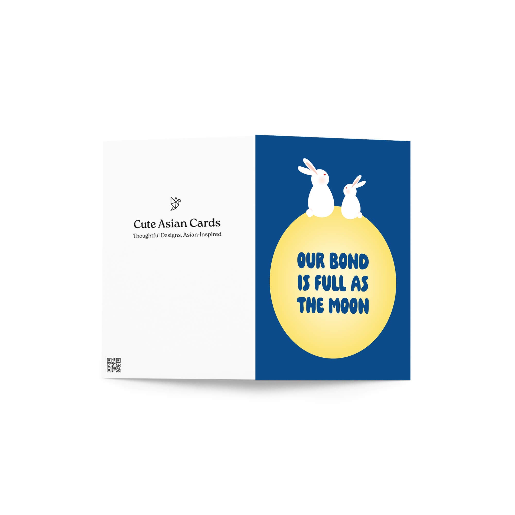 blue asian Greeting card with two rabbits on a yellow moon and 'Our bond is full as the moon' text on a blue background for mid autumn festival tsukimi or chuseok 