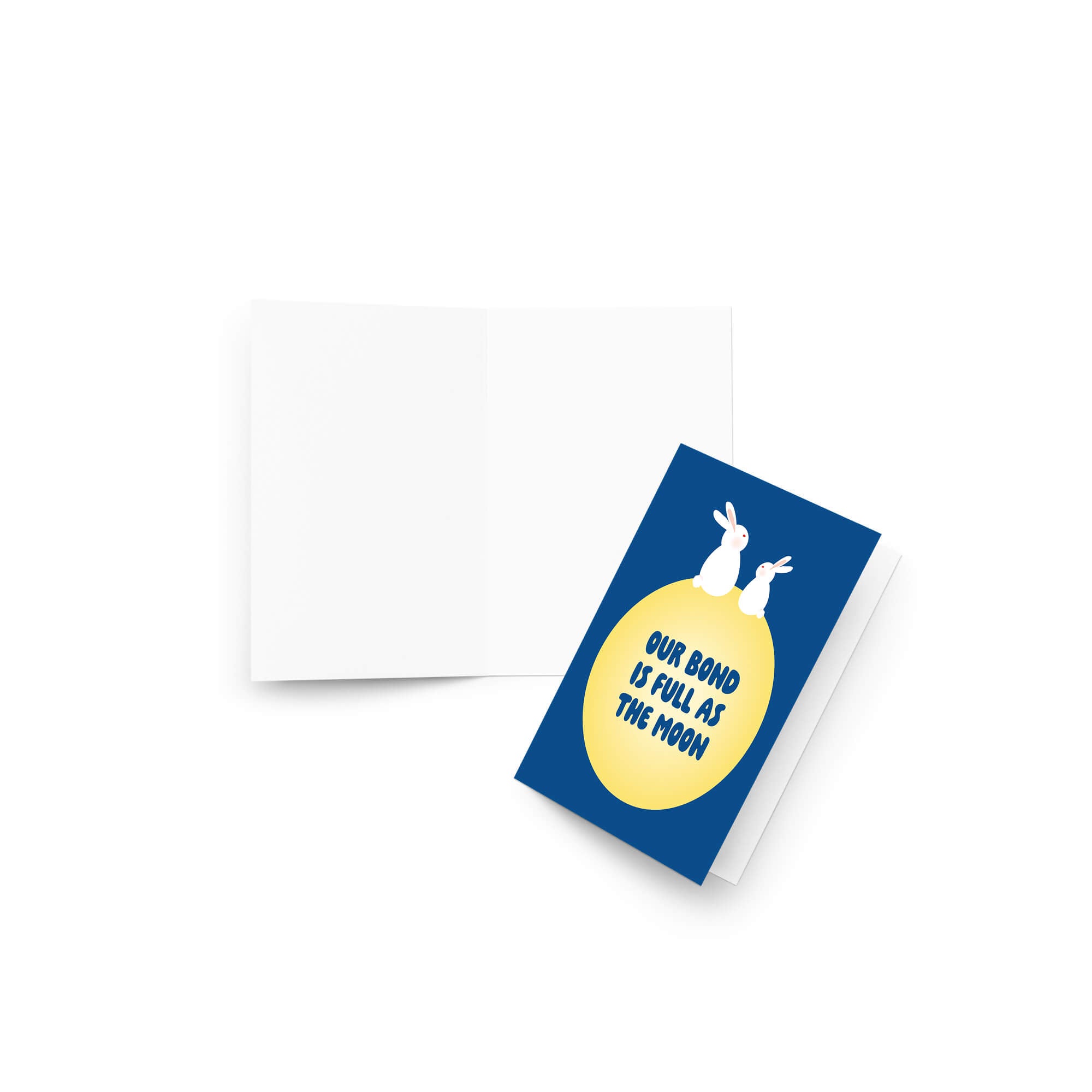 blue asian Greeting card with two rabbits on a yellow moon and 'Our bond is full as the moon' text on a blue background for mid autumn festival tsukimi or chuseok 