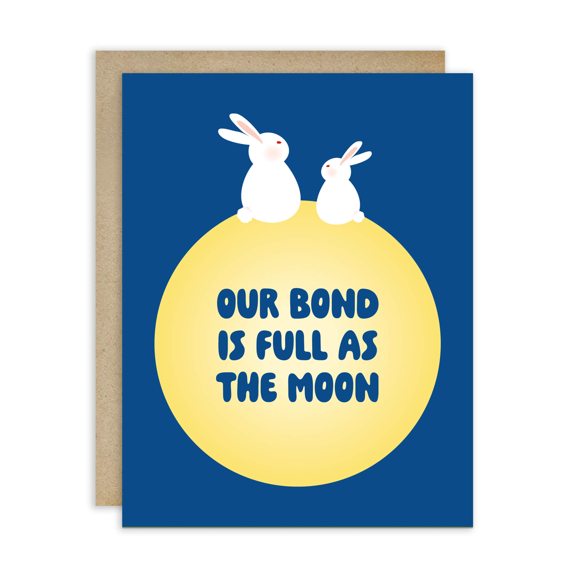 asian Greeting card with two rabbits on a yellow moon and 'Our bond is full as the moon' text on a blue background for mid autumn festival tsukimi or chuseok 