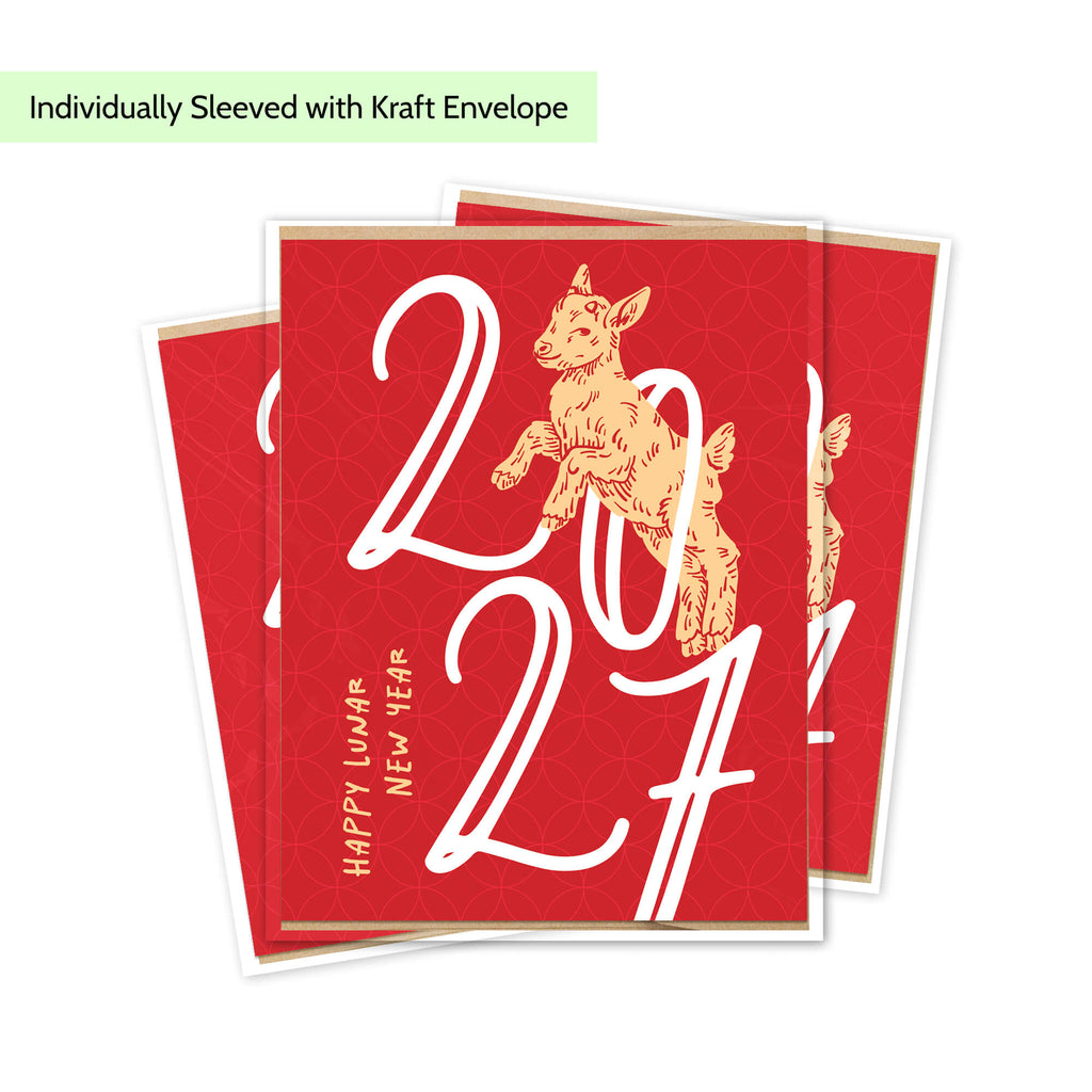 Three red chinese new year cards with a goat illustration and white '2024' lettering, shown overlapping on a white background. A light green banner at the top reads 'Individually Sleeved with Kraft Envelope'.