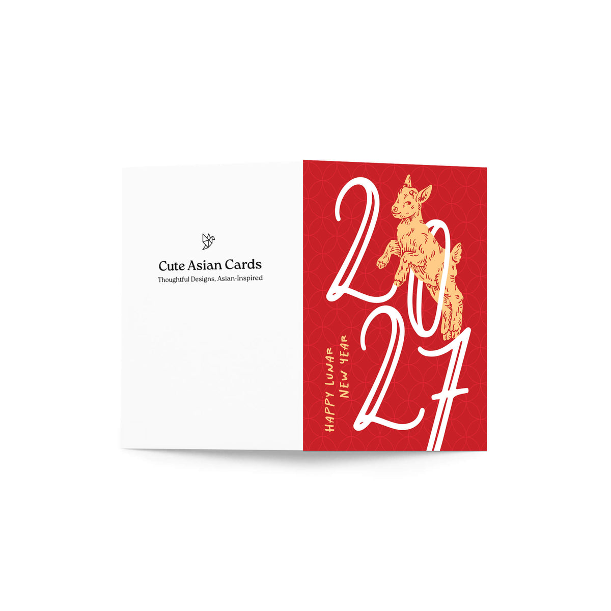 A chinese new year card shown open against a white background, with a white left panel reading 'Cute Asian Cards' and a red right panel featuring large white '2027' numerals, a gold rabbit illustration, and vertical text that says 'HAPPY LUCKAN NEW YEAR.'.