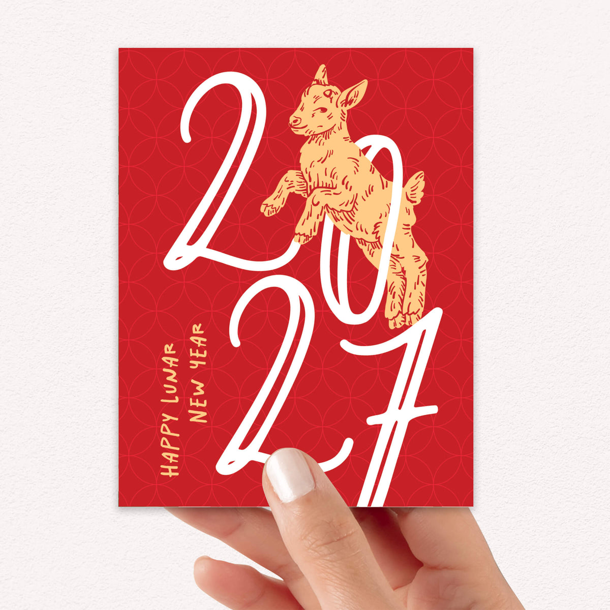 A hand holding a lunar new year card featuring the year 2024 in large white numerals, a golden rabbit illustration, and vertical text reading 'HAPPY LUNAR NEW YEAR' on a light textured background.