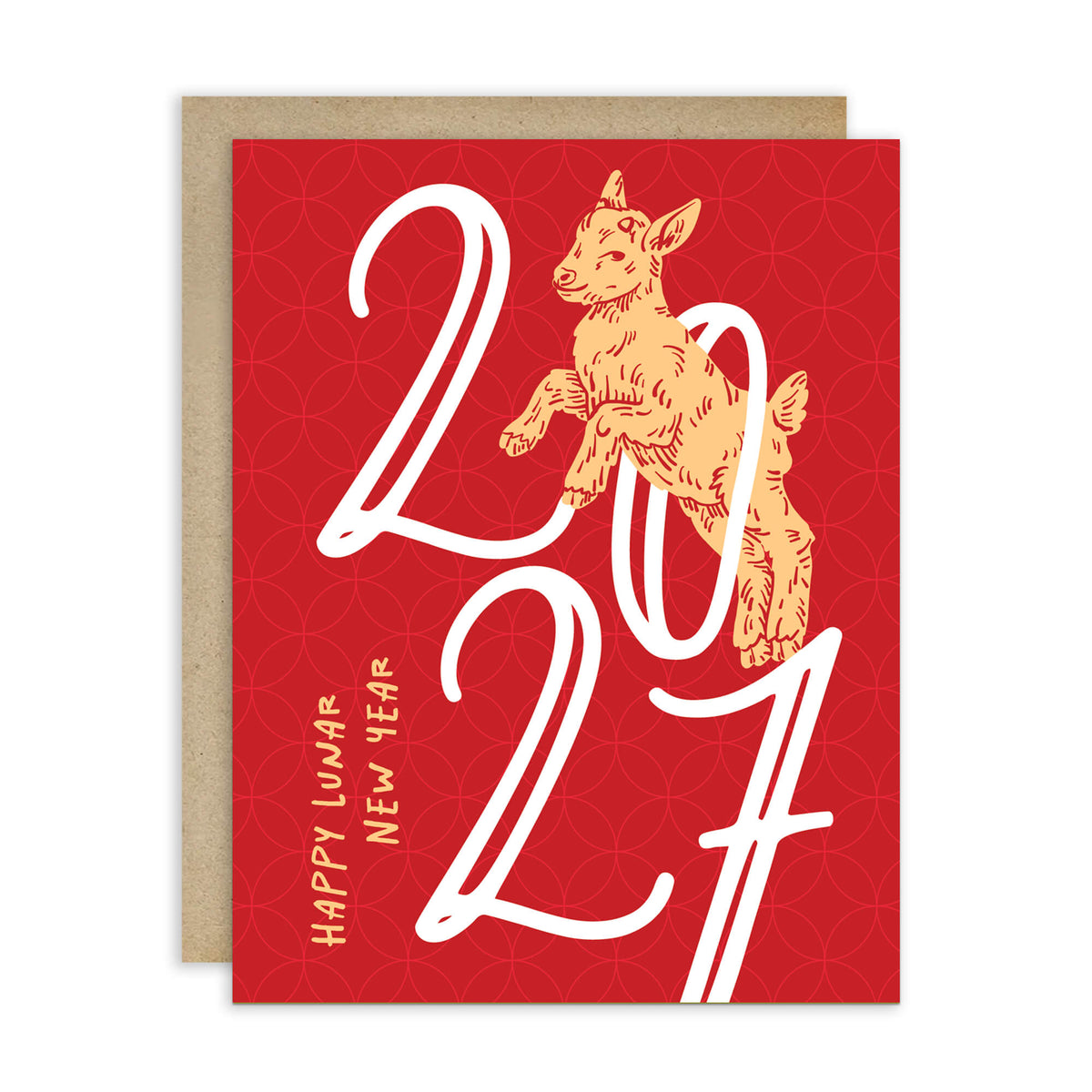 A red chinese new Year greeting card with a kraft envelope behind it. The card features a gold goat illustration and large white '2027' numerals, with 'HAPPY LUNAR NEW YEAR' printed vertically on the left.