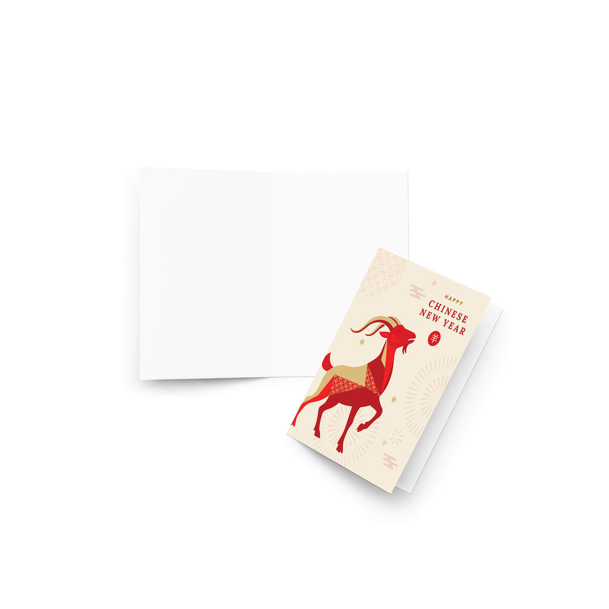 A chinese new year with a red ram illustration and the text 'HAPPY CHINESE NEW YEAR' on a cream background, shown next to an open blank white card on a light gray studio background.