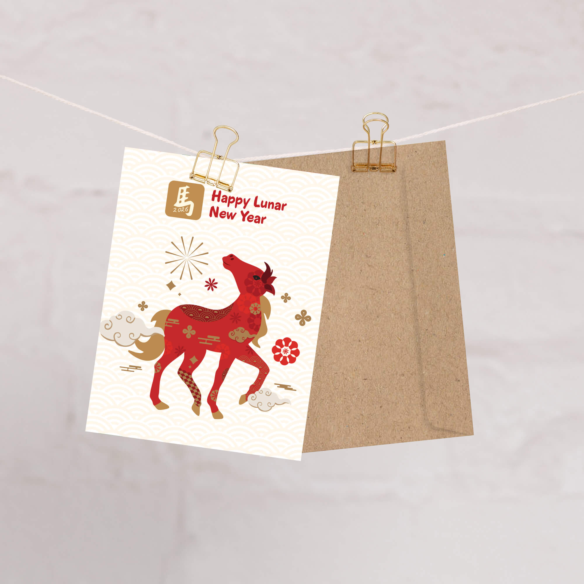 Card with red horse illustration and 'Happy Lunar New Year' text on a white background