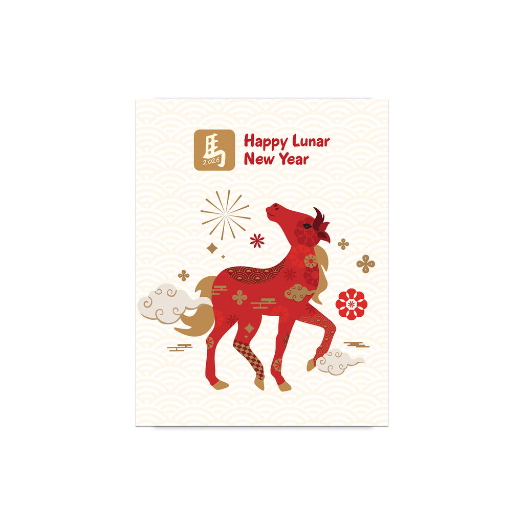 Card with a red horse illustration and 'Happy Lunar New Year' text on a white background