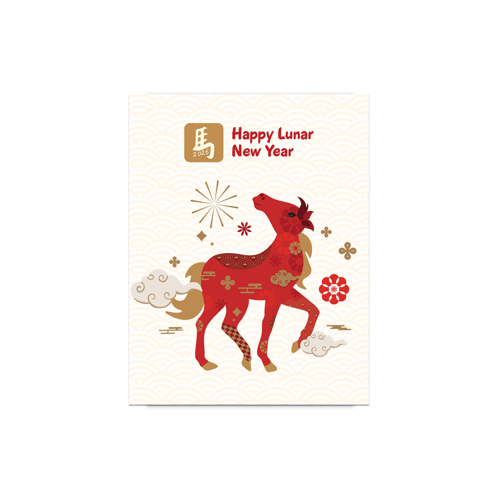 Card with a red horse illustration and 'Happy Lunar New Year' text on a white background