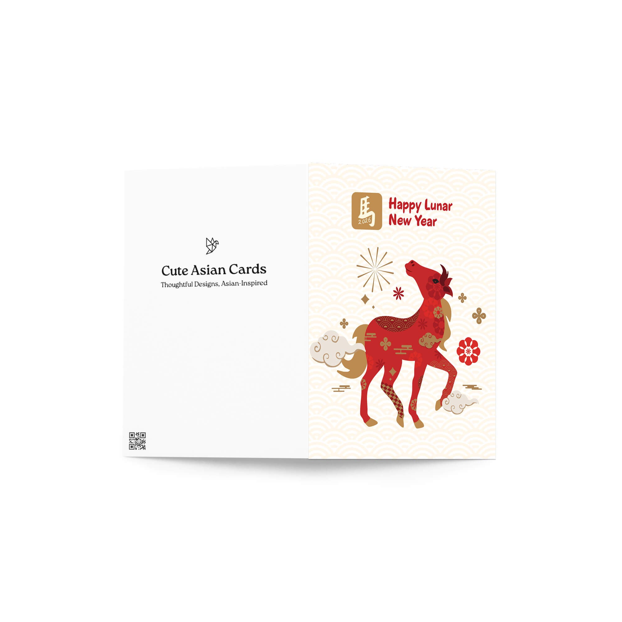 Card with a red horse illustration and 'Happy Lunar New Year' text on a white background