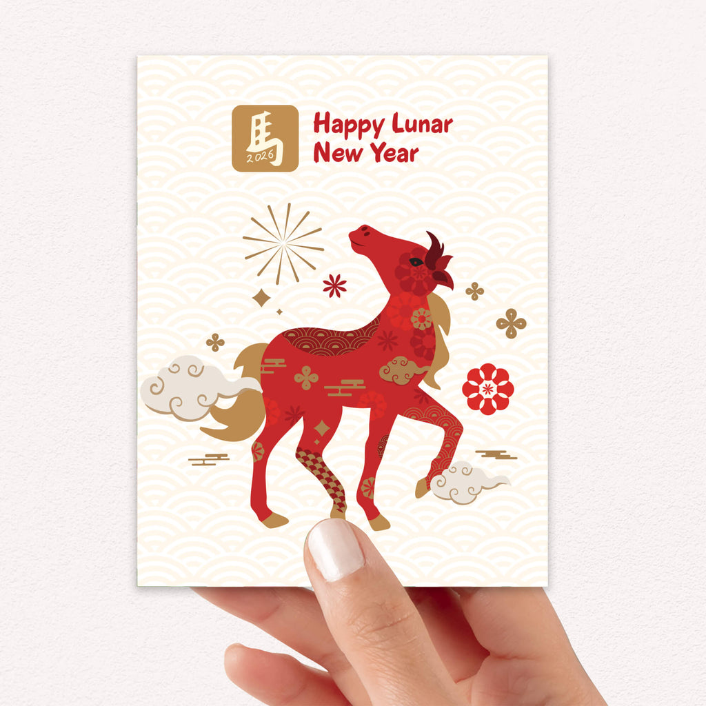 Card with a red horse illustration and 'Happy Lunar New Year' text, held by a hand.