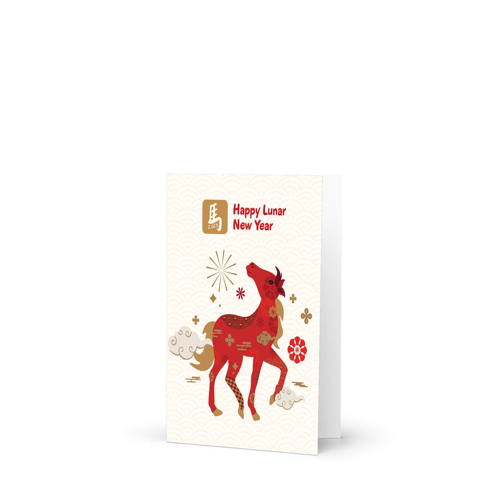 Greeting card with a red horse illustration and 'Happy Lunar New Year' text on a white background