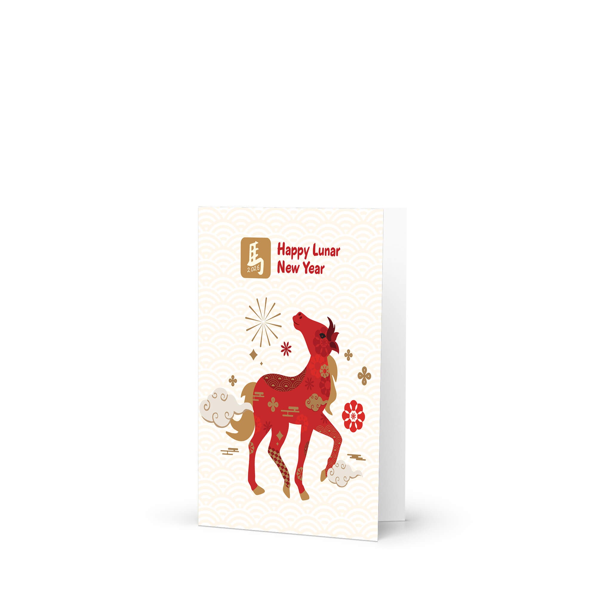 Greeting card with a red horse illustration and 'Happy Lunar New Year' text on a white background