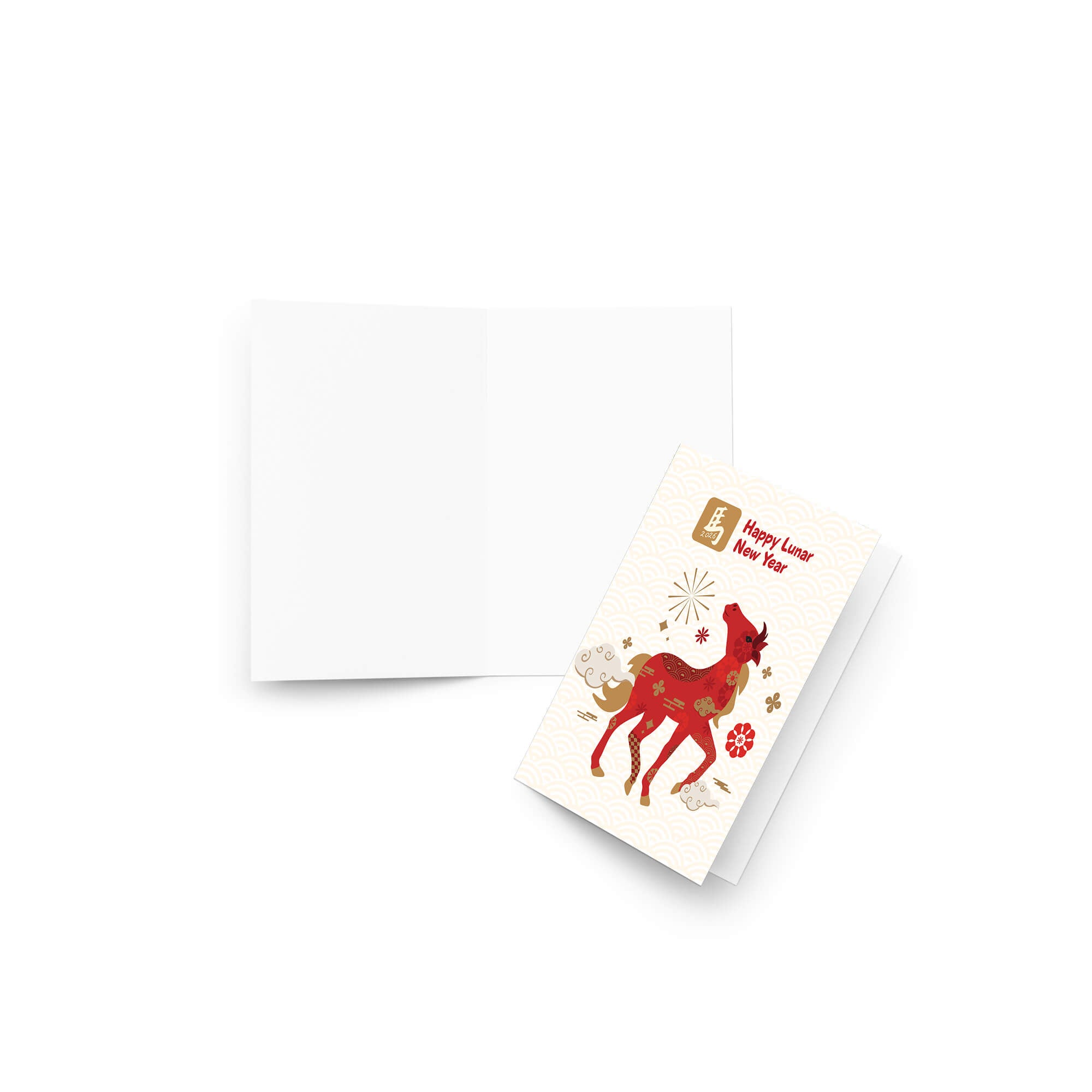 Greeting card with a horse design and 'Happy Lunar New Year' text on a white background