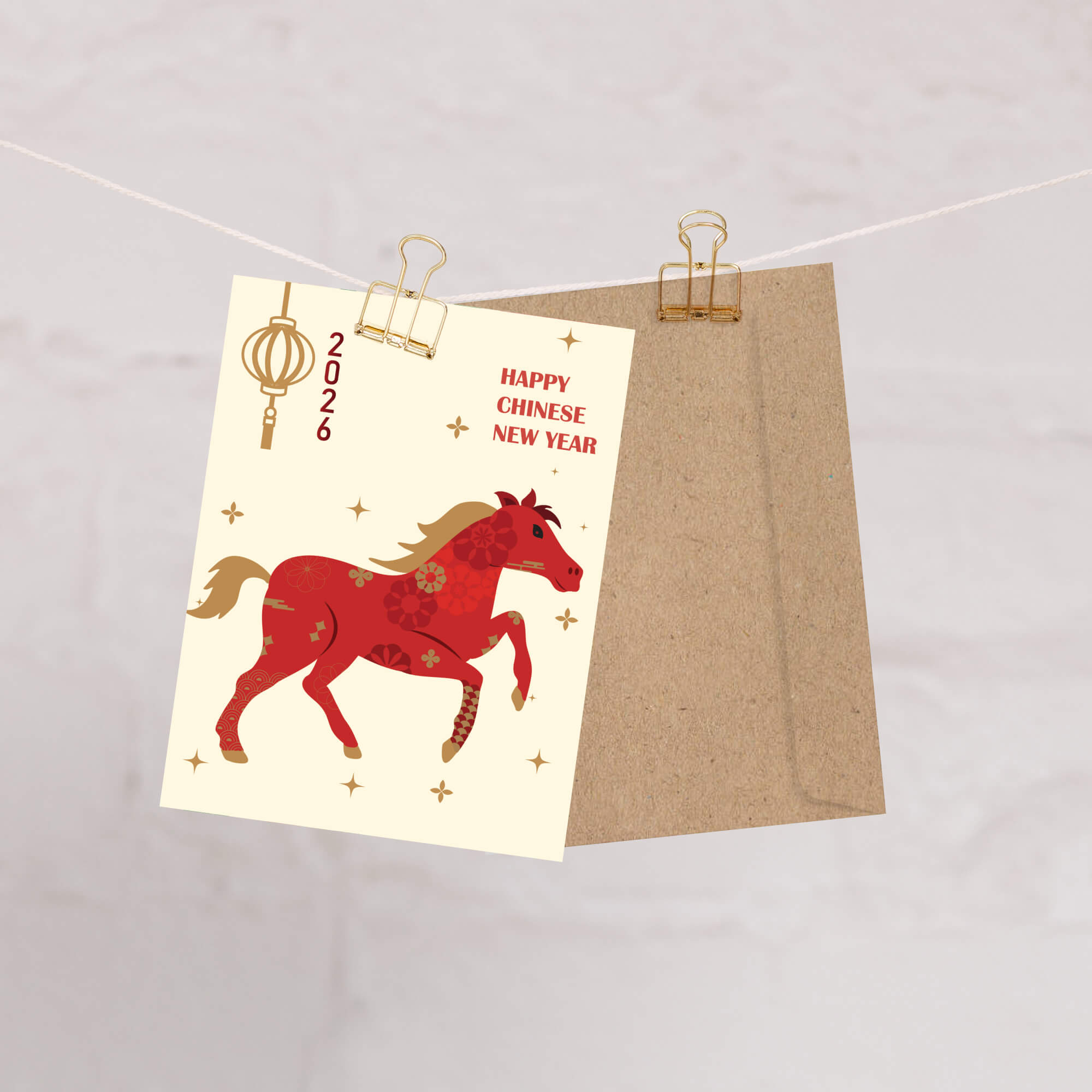 asian Greeting card with a red horse illustration, lantern, and 'Happy Chinese New Year' text on a beige background.