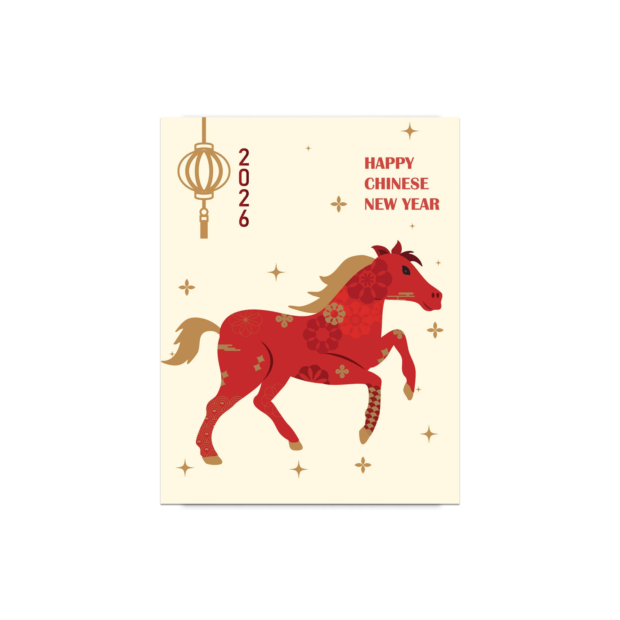 asian Greeting card with a red horse illustration, lantern, and 'Happy Chinese New Year' text on a beige background.