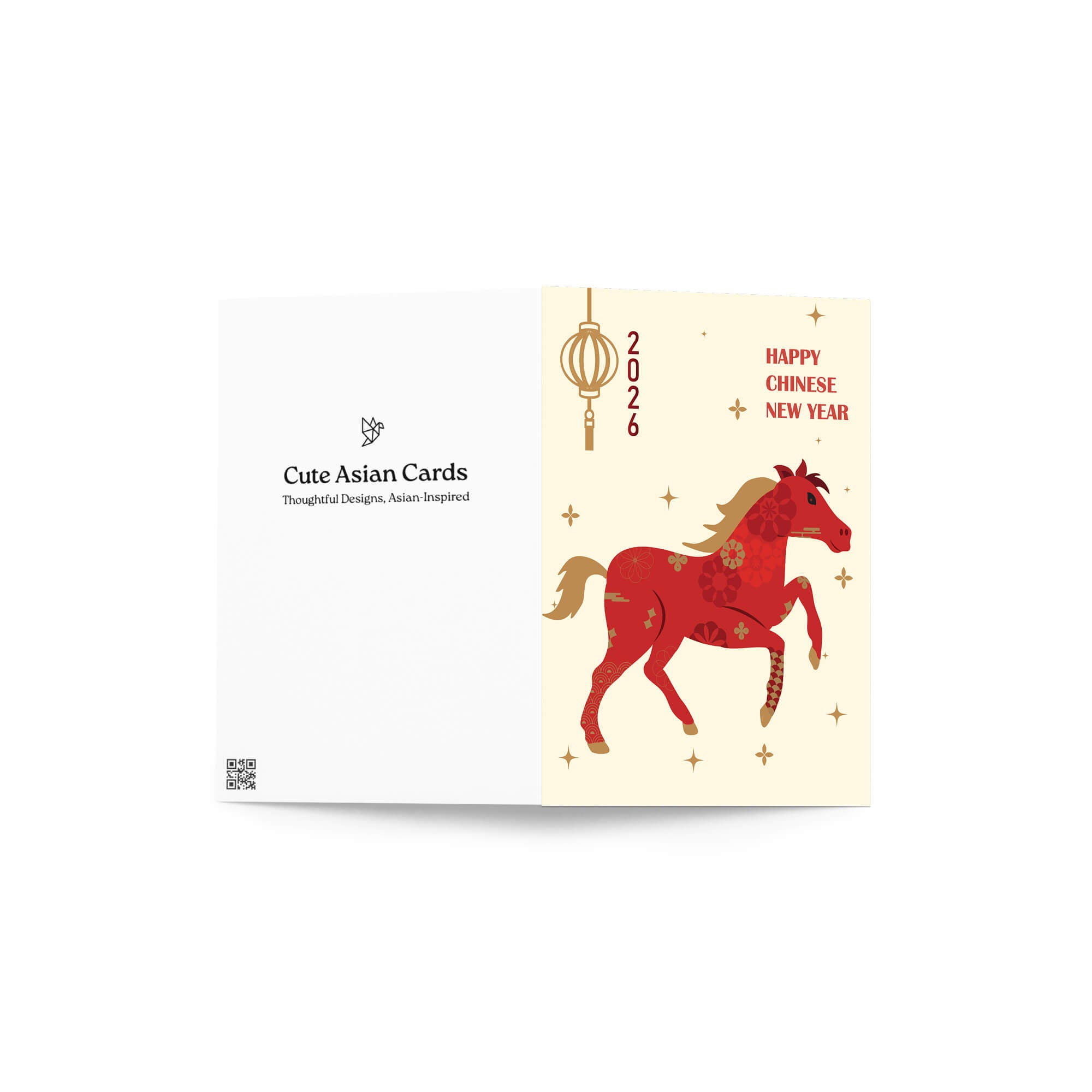 asian Greeting card with a red horse illustration, lantern, and 'Happy Chinese New Year' text on a beige background.