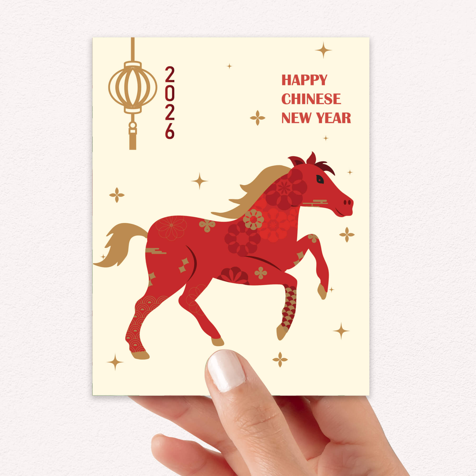asian Greeting card with a red horse illustration, lantern, and 'Happy Chinese New Year' text on a beige background.