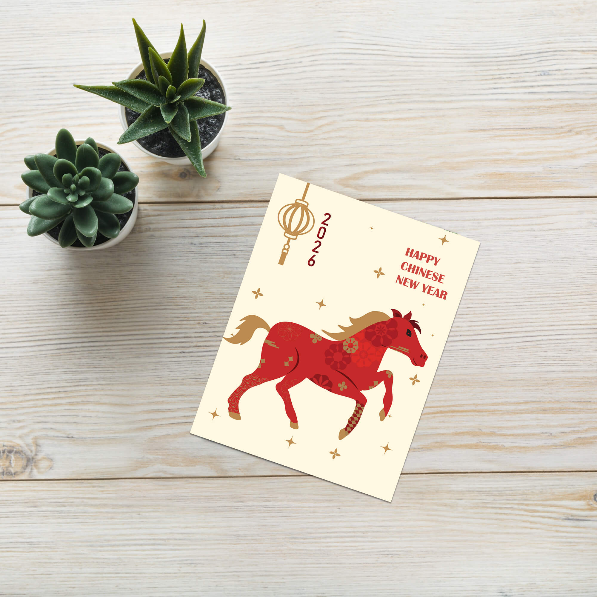 asian Greeting card with a red horse illustration, lantern, and 'Happy Chinese New Year' text on a beige background.