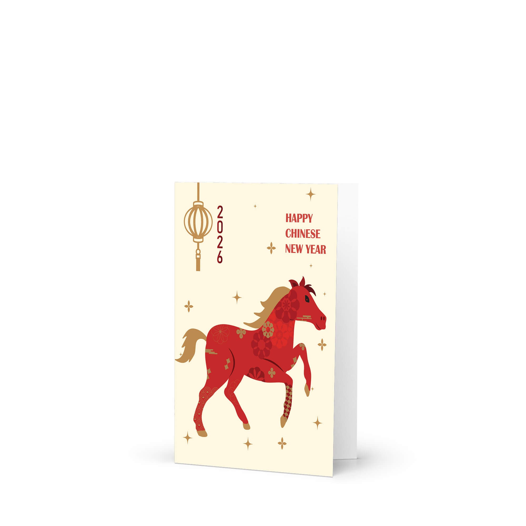 asian Greeting card with a red horse illustration, lantern, and 'Happy Chinese New Year' text on a beige background.