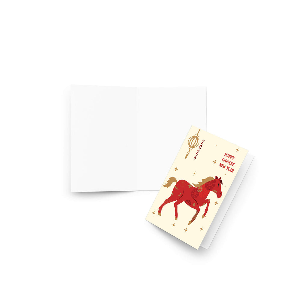asian Greeting card with a red horse illustration, lantern, and 'Happy Chinese New Year' text on a beige background.