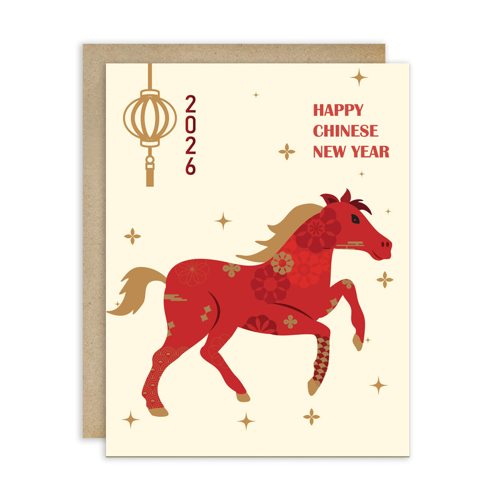 asian Greeting card with a red horse illustration, lantern, and 'Happy Chinese New Year' text on a beige background.