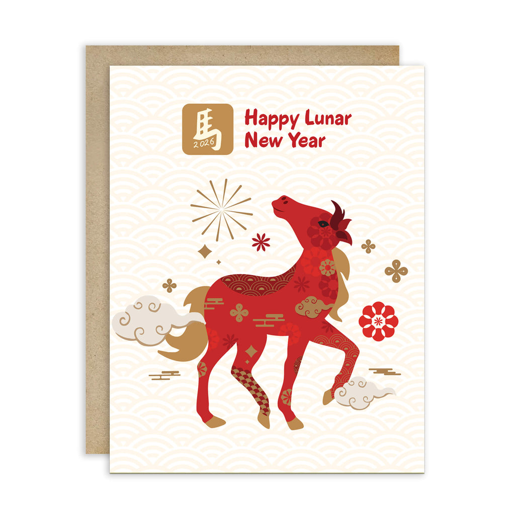 Lunar New Year card with a red horse illustration on a white background