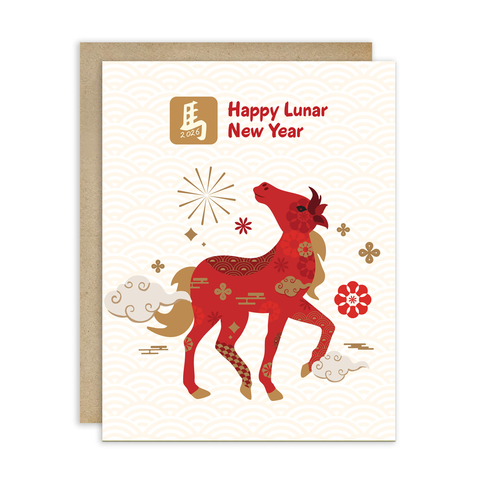 Lunar New Year card with a red horse illustration on a white background
