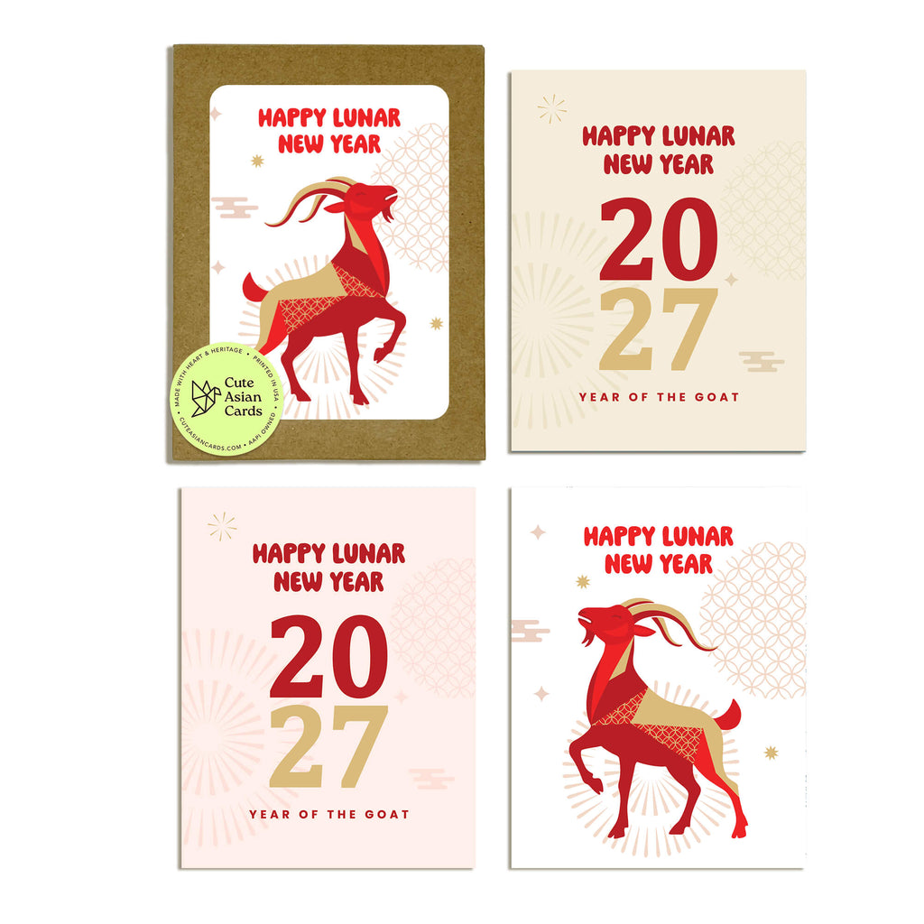 chinese new year cards arranged in a 2x2 grid, featuring a red and beige goat illustration with the text 'HAPPY LUNAR NEW YEAR' and '2027 YEAR OF THE GOAT'. One card has a kraft envelope, and a round sticker on the envelope reads 'Cute Asian Candy'.