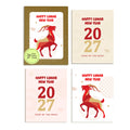 chinese new year cards arranged in a 2x2 grid, featuring a red and beige goat illustration with the text 'HAPPY LUNAR NEW YEAR' and '2027 YEAR OF THE GOAT'. One card has a kraft envelope, and a round sticker on the envelope reads 'Cute Asian Candy'.