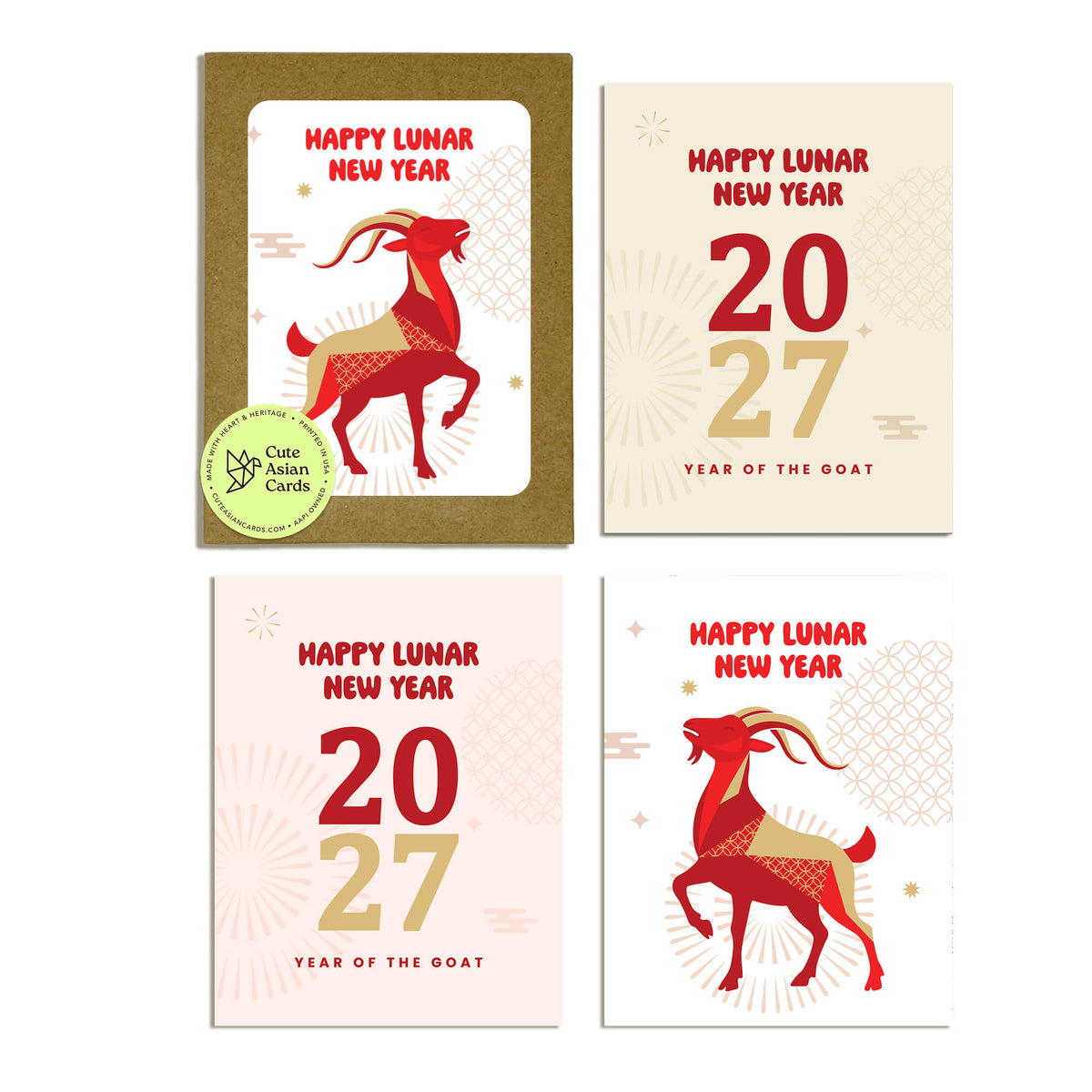 chinese new year cards arranged in a 2x2 grid, featuring a red and beige goat illustration with the text 'HAPPY LUNAR NEW YEAR' and '2027 YEAR OF THE GOAT'. One card has a kraft envelope, and a round sticker on the envelope reads 'Cute Asian Candy'.