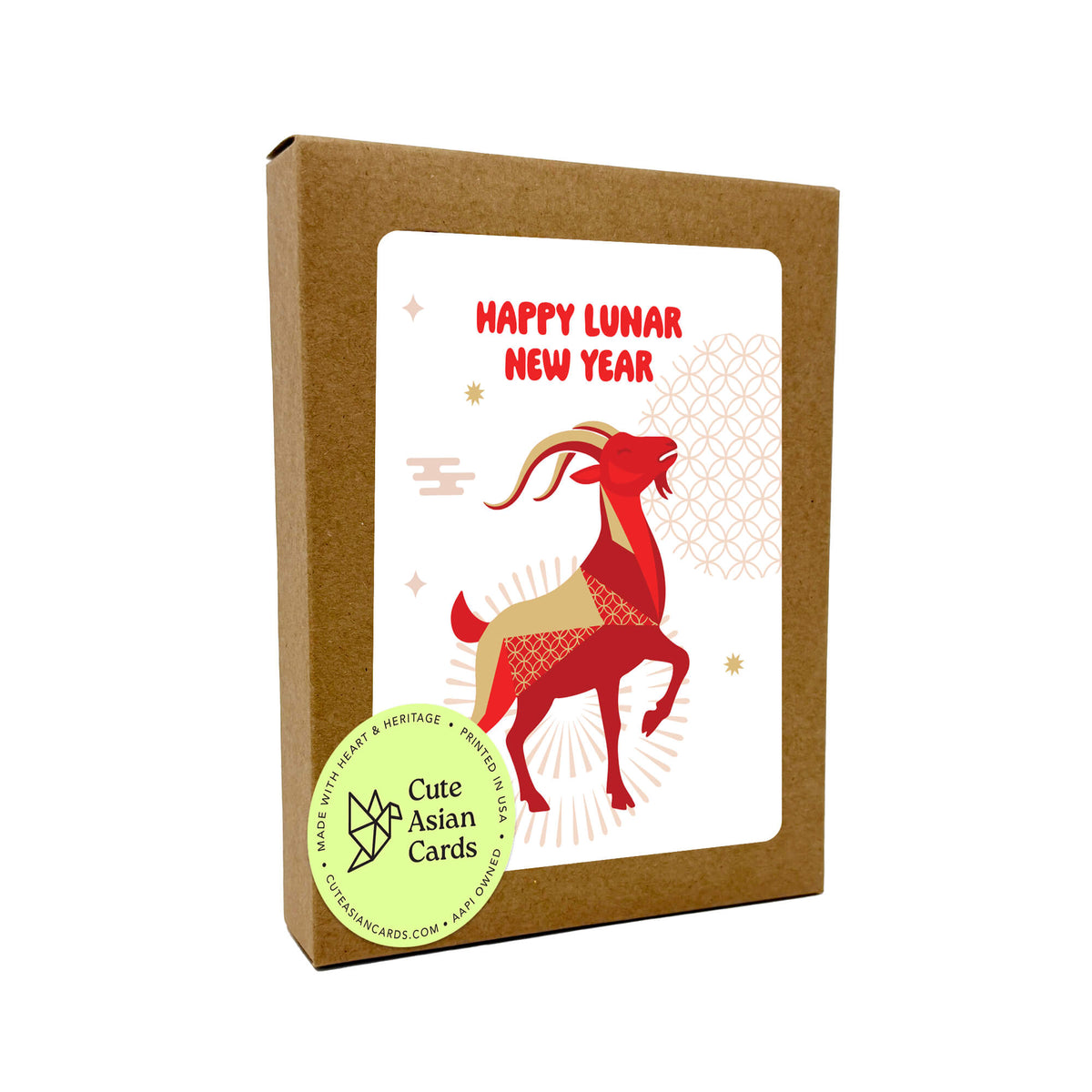 assorted set of Lunar New Year cards, featuring a white front label with a red ram illustration and the text 'HAPPY LUNAR NEW YEAR'. A light green circular sticker on the lower left reads 'Cute Asian Cards' with 'Kawaii Asian Cards' and 'www.