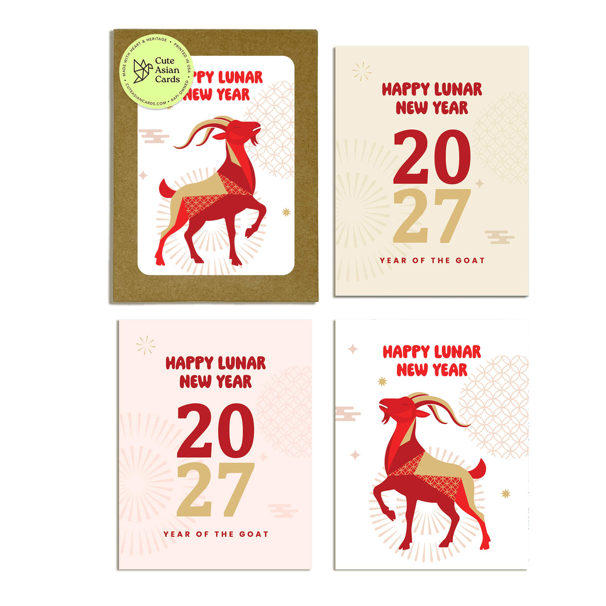 assorted pack of chinese new year cards 2027 arranged in a 2x2 grid. Two cards show the front with a kraft brown envelope-style border, and two show the back with a cream background.