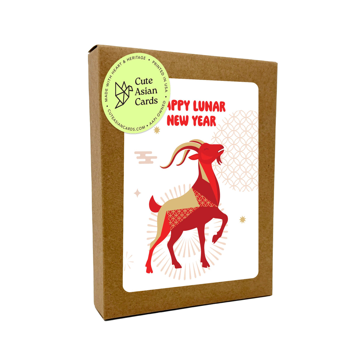 chinese new year cards in a box set with a circular green sticker reading 'Cute Asian Cards' and a front label that says 'Happy Lunar New Year' with a red deer illustration on a white background.