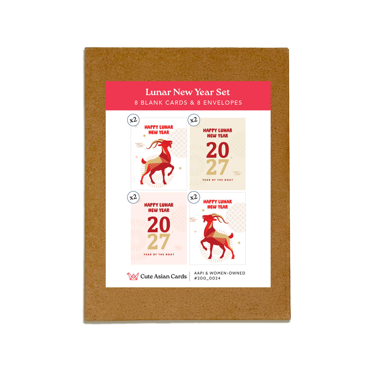A Lunar New Year card set in a cork-textured frame, featuring sample blank cards and envelopes with red horse illustrations and the text 'Happy Lunar New Year' and '2027'. The brand 'Cute Asian Cards' is visible at the bottom of the insert card.
